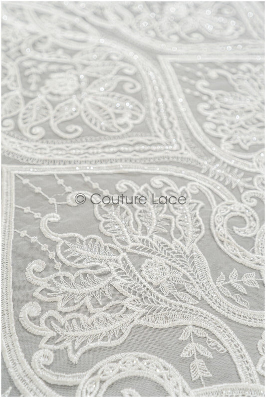 Boho Spitzenstoff Off-White/ Brautspitze mit Pailletten/ Boho Braut Spitzenstoff/ geometrische Paillettenspitze/ Boho Hochzeitskleid// L21-206RY