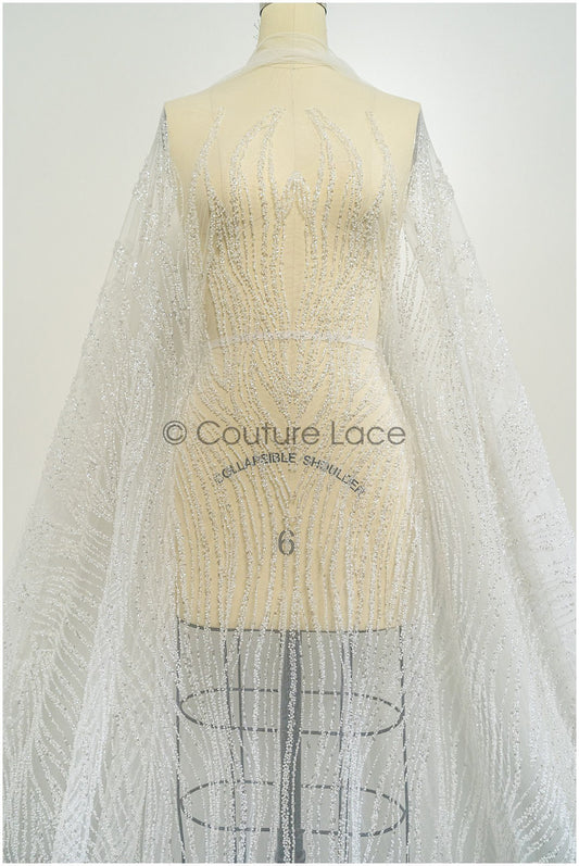 Schwere Perlen Brautspitze Off-White/ Couture Spitzenstoff mit Perlen/ Hochzeitskleid Spitze/ Designer Couture Spitze/ Streifen Spitzenstoff// L19-108