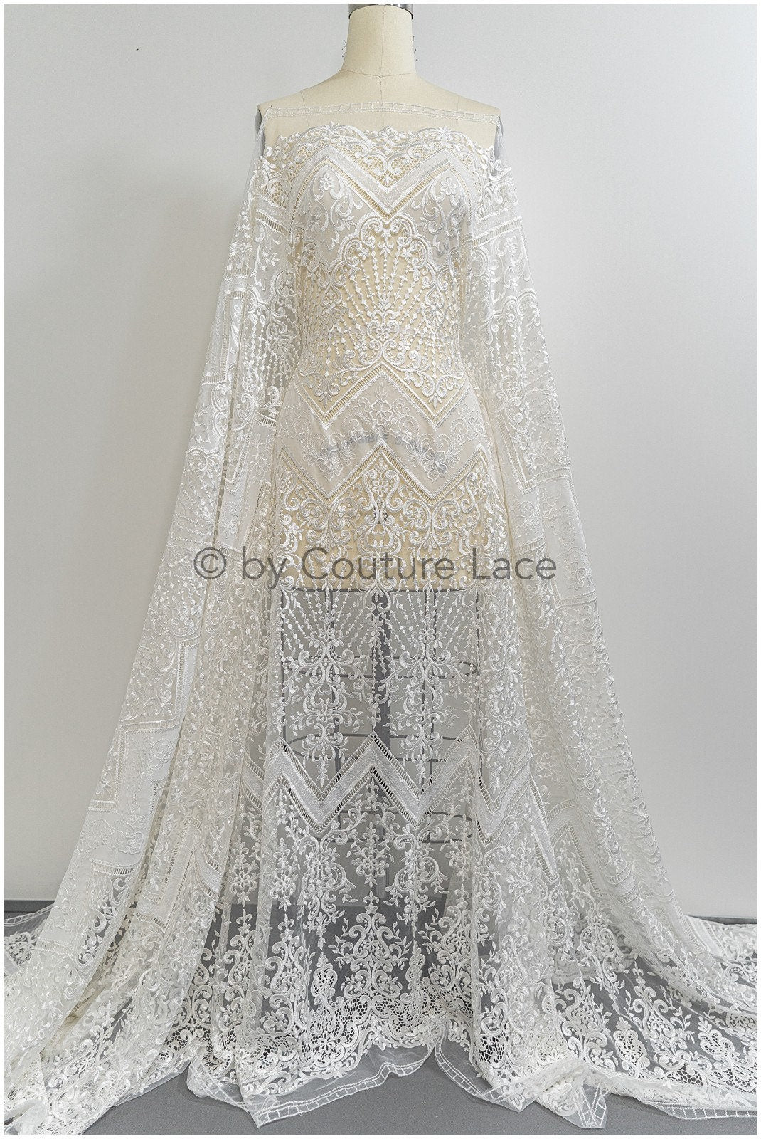 Luxury lace fabric off-white/ French bridal lace/ modern embellished lace fabric/ couture bridal lace fabric/ boho lace fabric// L21-365