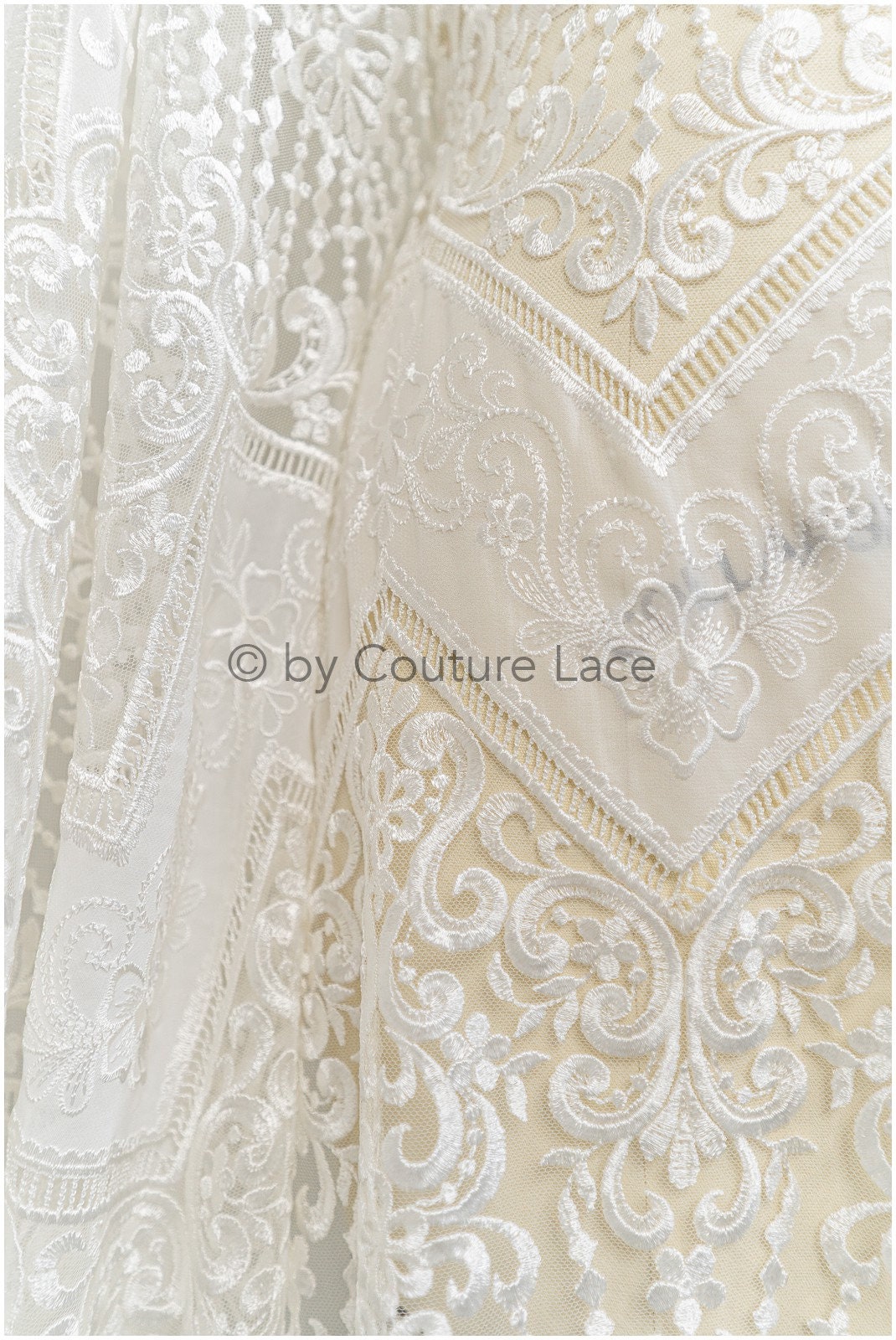 Luxury lace fabric off-white/ French bridal lace/ modern embellished lace fabric/ couture bridal lace fabric/ boho lace fabric// L21-365