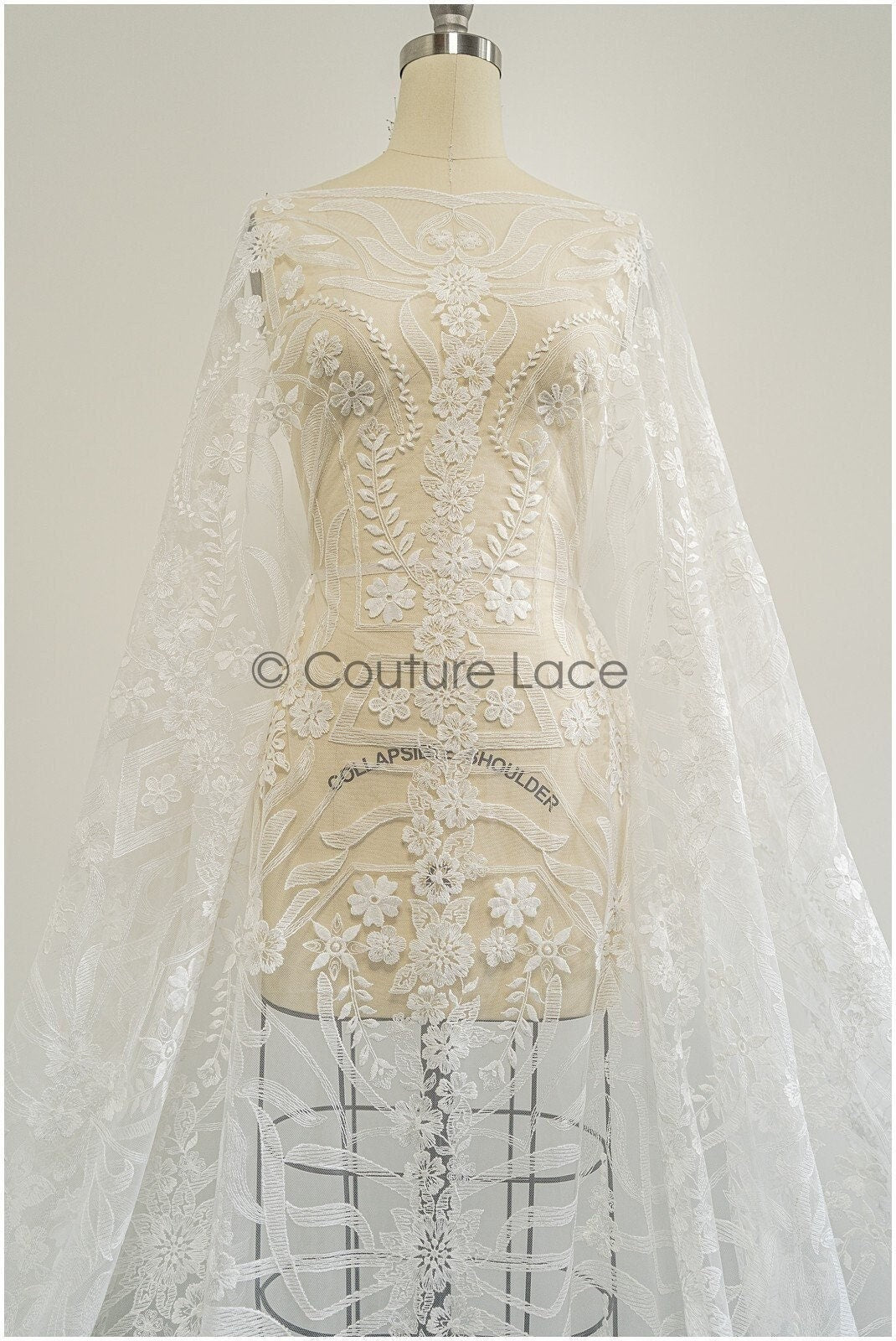 1.2yds Geometric floral lace/ embroidered floral lace off-white/ bridal lace/ soft boho lace fabric/ bridal lace fabric// L21-097C