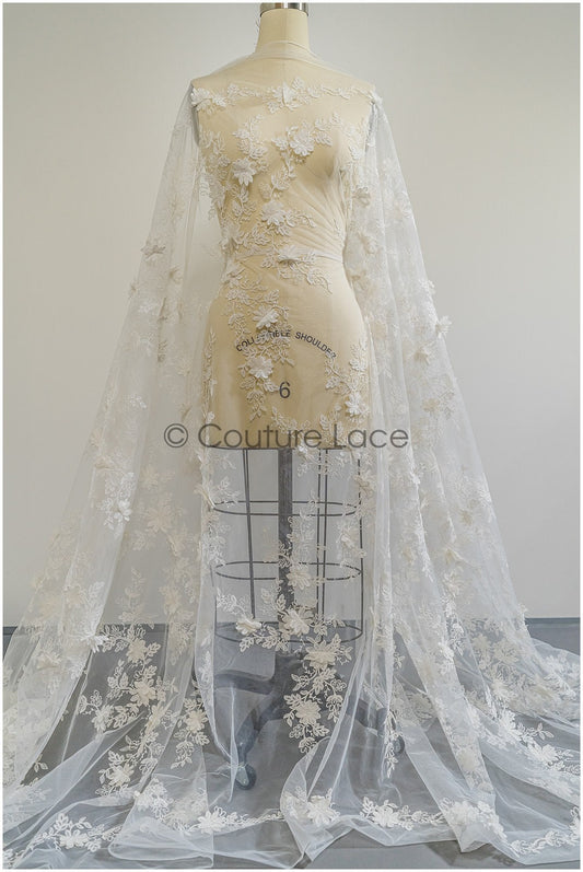3D Blumen Spitzenstoff Off-White/ Braut Spitzenstoff/ romantischer Spitzenstoff mit 3D Blumen/ Hochzeit Spitzenstoff// L21-059