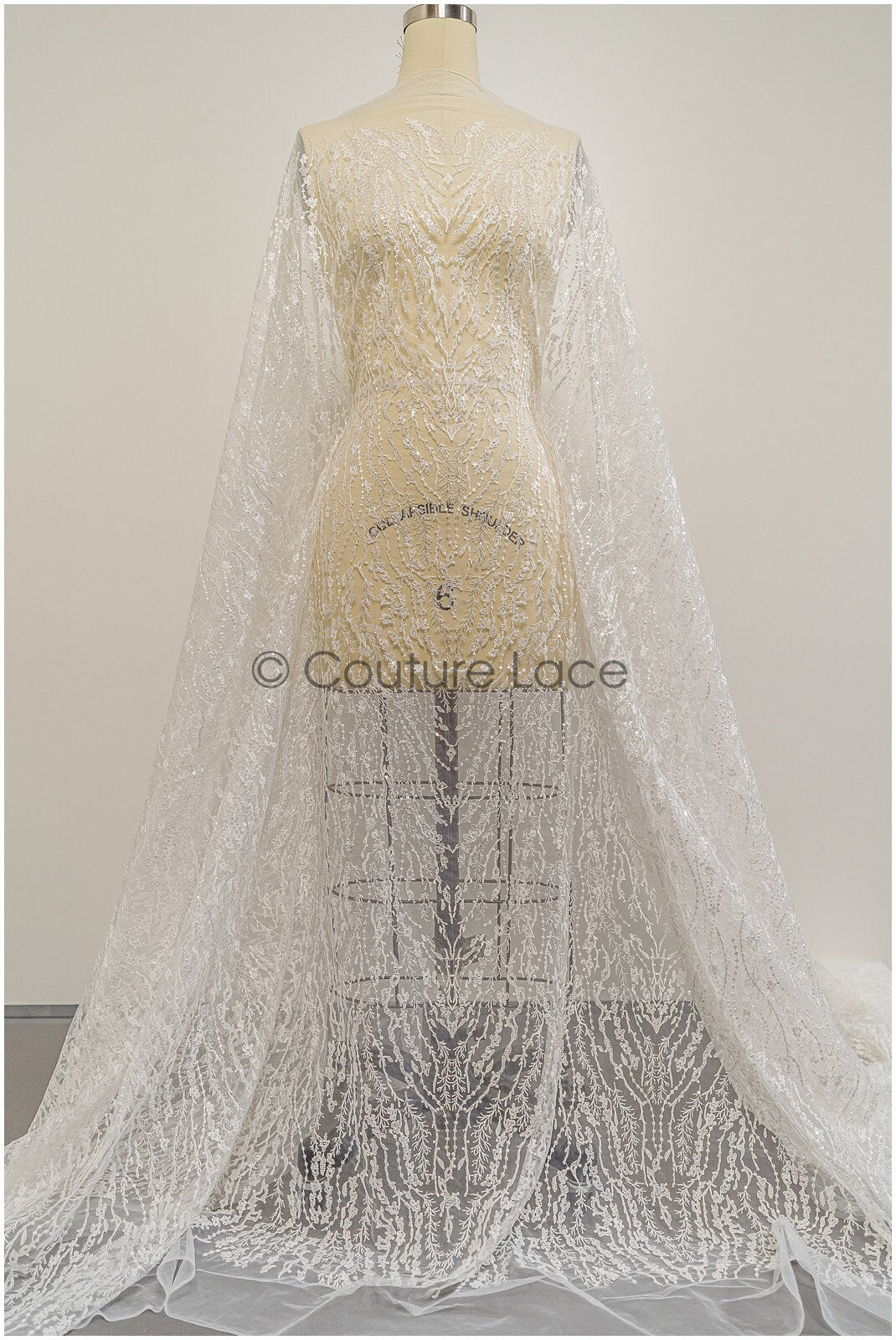 Wellenmuster Brautspitze Stoff/ Braut Spitzenstoff Off-White/ geometrisches Muster/ Spitzenstoff mit Blumen// L20-024N