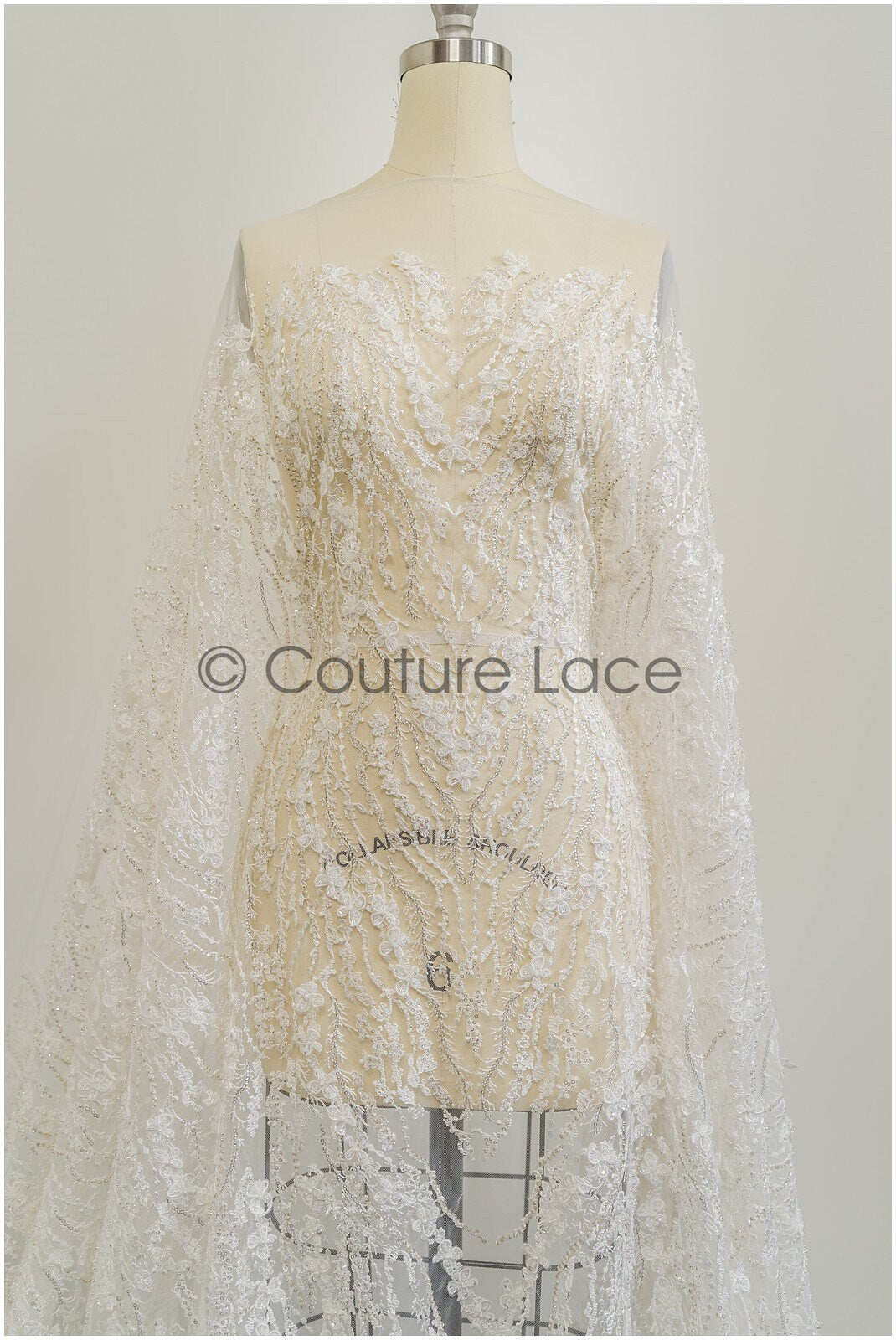 3D flower lace fabric/ pearl bridal lace fabric/ romantic floral lace fabric with 3D flowers // L21-024NBF