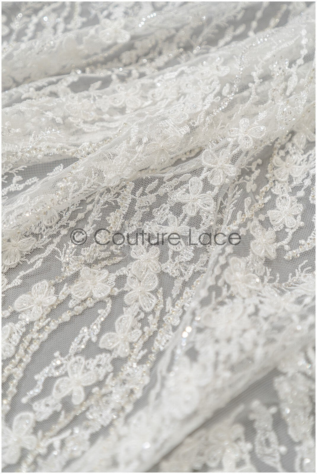 3D flower lace fabric/ pearl bridal lace fabric/ romantic floral lace fabric with 3D flowers // L21-024NBF