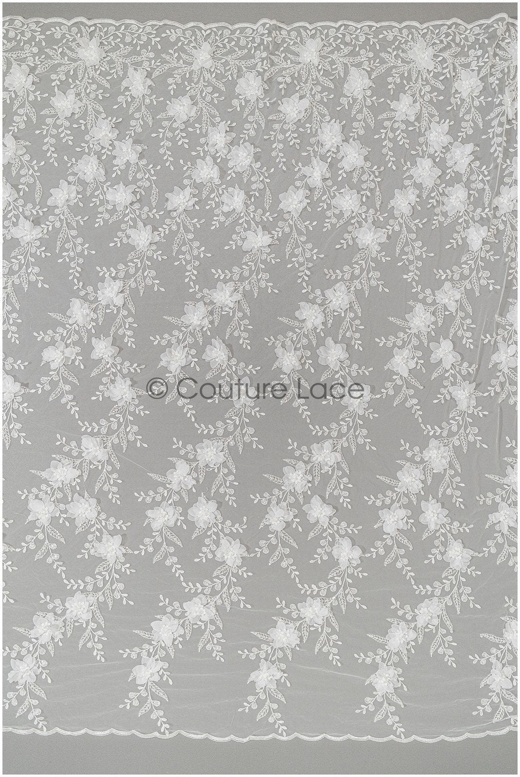 3D Blumen Spitzenstoff Off-White/ Braut Spitzenstoff/ romantischer Spitzenstoff mit 3D Blumen & Perlen/ Hochzeit Spitzenstoff// L21-140N