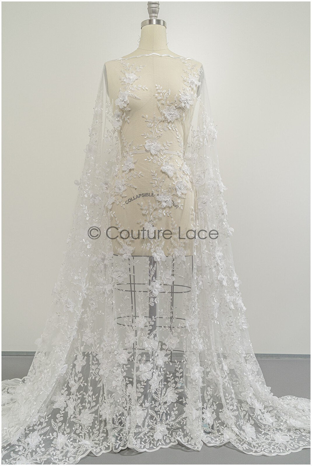 3D Blumen Spitzenstoff Off-White/ Braut Spitzenstoff/ romantischer Spitzenstoff mit 3D Blumen & Perlen/ Hochzeit Spitzenstoff// L21-140N