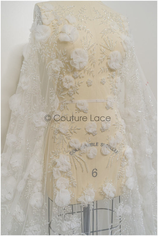 Handgefertigte Brautspitze mit 3D Blüten/ 3D Blüten Spitze Stoff/ Hochzeitskleid Spitze/ Couture Spitze// L21-049N