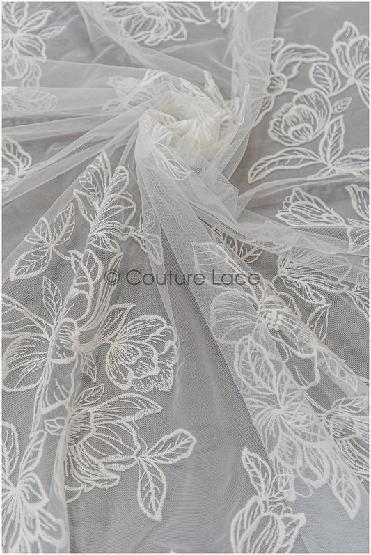 Magnolien Spitzenstoff Off-White/ bestickte Blütenspitze/ Hochzeitskleid Spitze/ weicher Magnolien Spitzenstoff/ Braut Spitzenstoff// L21-045