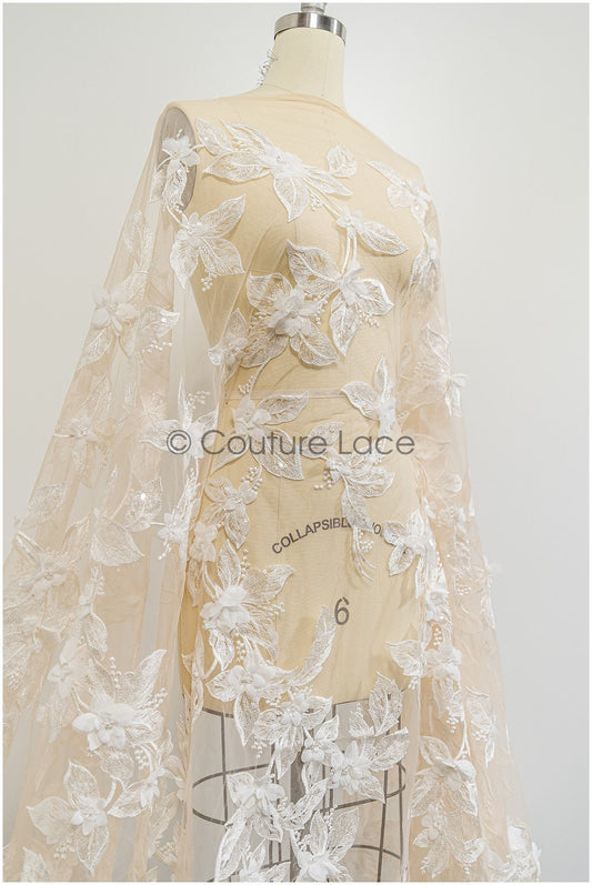 Nude Perlen Brautspitze mit 3D Blumen/ Braut Spitzenstoff Off-White/ Couture Spitze/ Haute Couture Spitze// L21-053ND