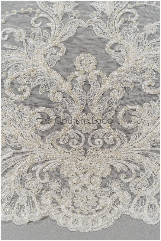 Schwerer Perlen Spitzenstoff für Hochzeitskleider/ Braut Spitzenstoff Off-White/ Hochzeitskleid Spitze mit Perlen/ Brautspitze// L21-047N
