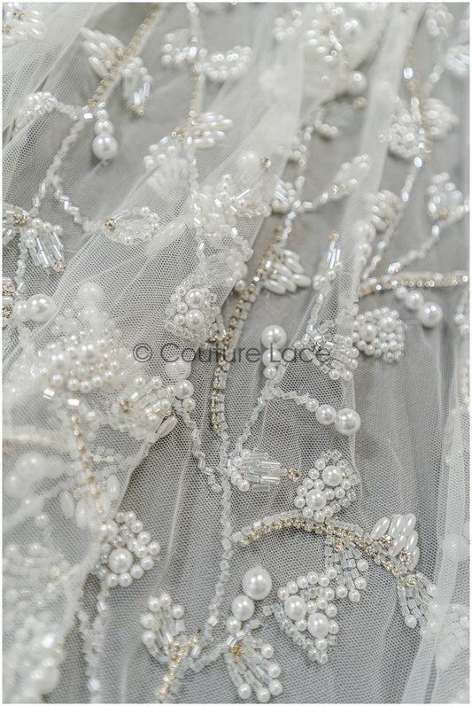 Perlen Spitzenstoff Off-White/ Perlen Hochzeitskleid Spitze/ Brautspitze Stoff/ Perlenspitze// L21-132N
