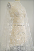 French lace fabric with pearls/ Off-white lace fabric/ Bridal lace with small flowers/ Floral lace// L21-126LB