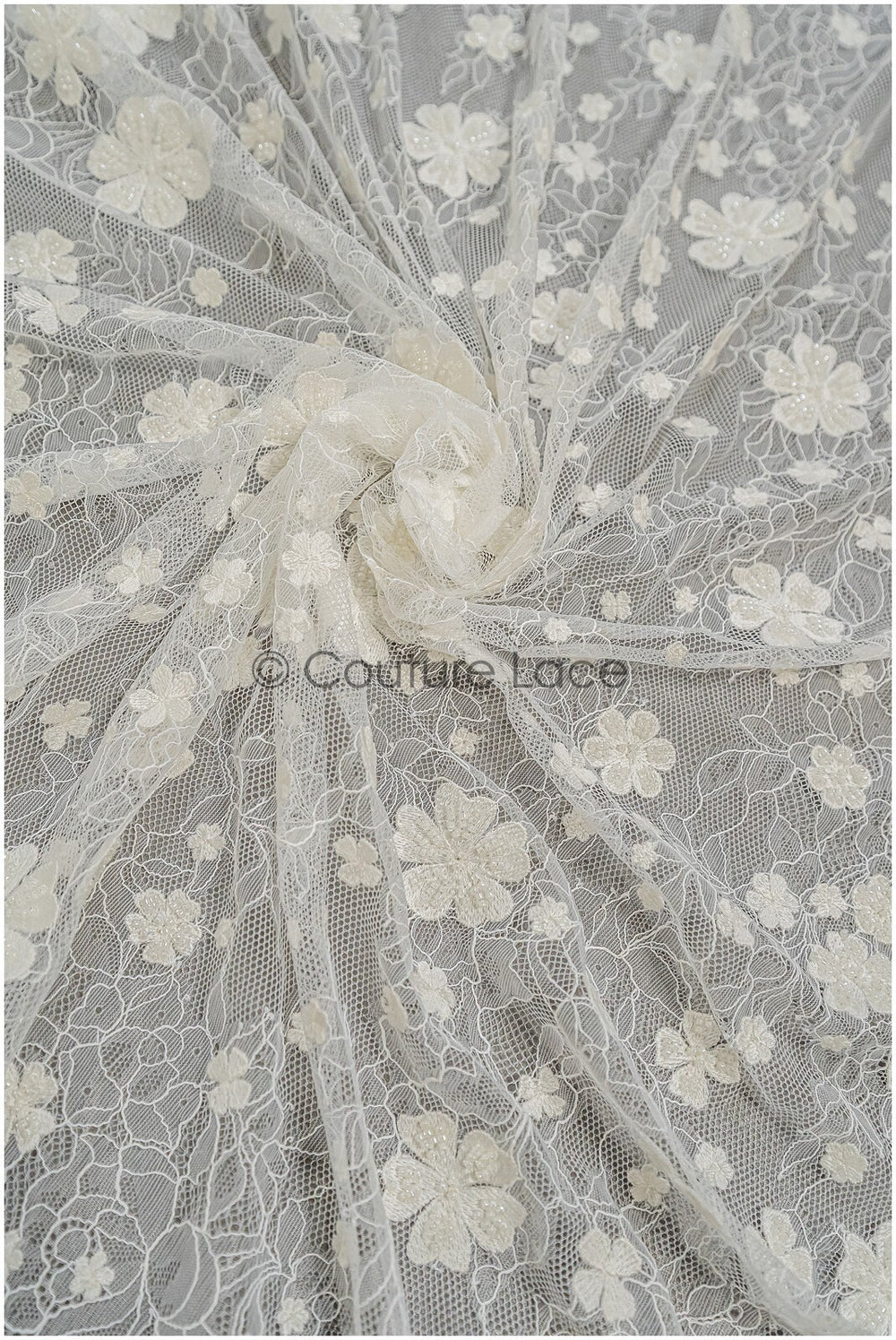 French lace fabric with pearls/ Off-white lace fabric/ Bridal lace with small flowers/ Floral lace// L21-126LB