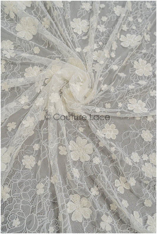 French lace fabric with pearls/ Off-white lace fabric/ Bridal lace with small flowers/ Floral lace// L21-126LB