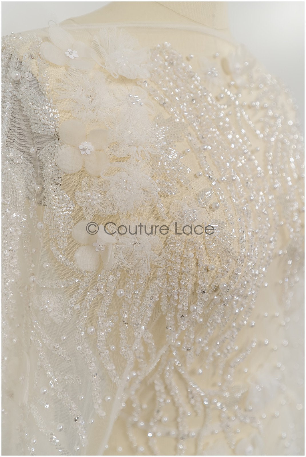 Hand beaded bridal lace/ 3D flower lace fabric/ beaded wedding dress lace/ designer couture lace/ handmade lace// L21-185