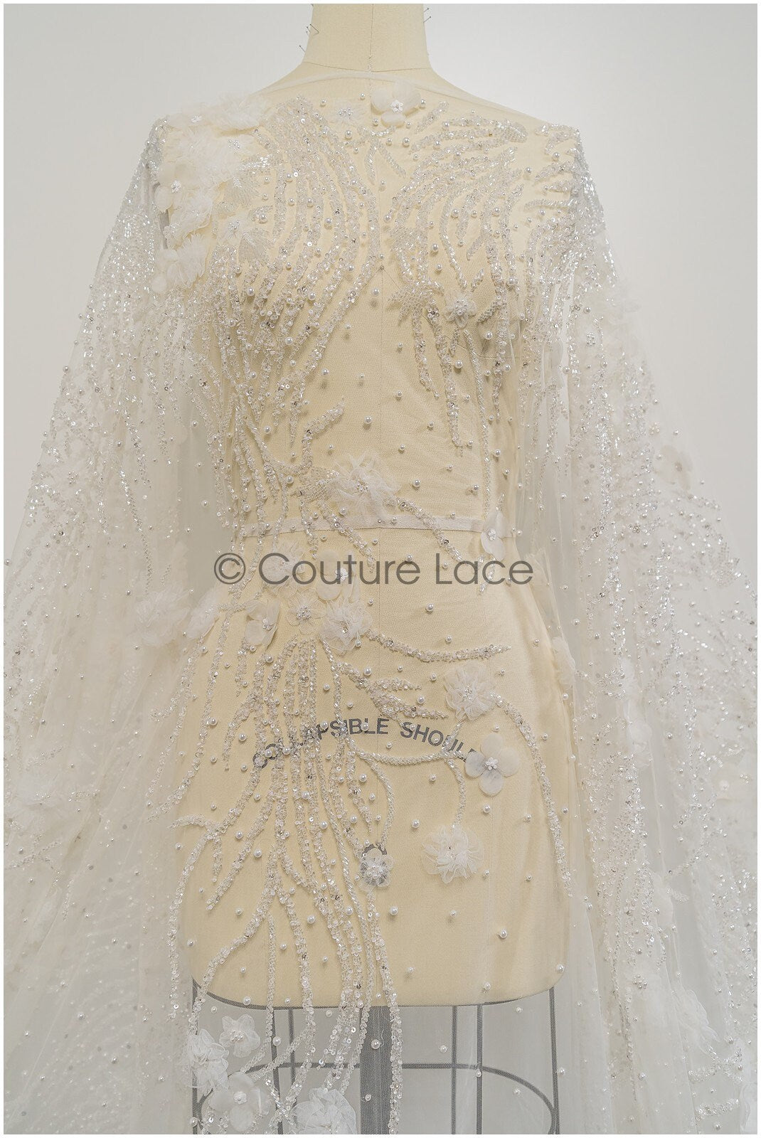 Hand beaded bridal lace/ 3D flower lace fabric/ beaded wedding dress lace/ designer couture lace/ handmade lace// L21-185