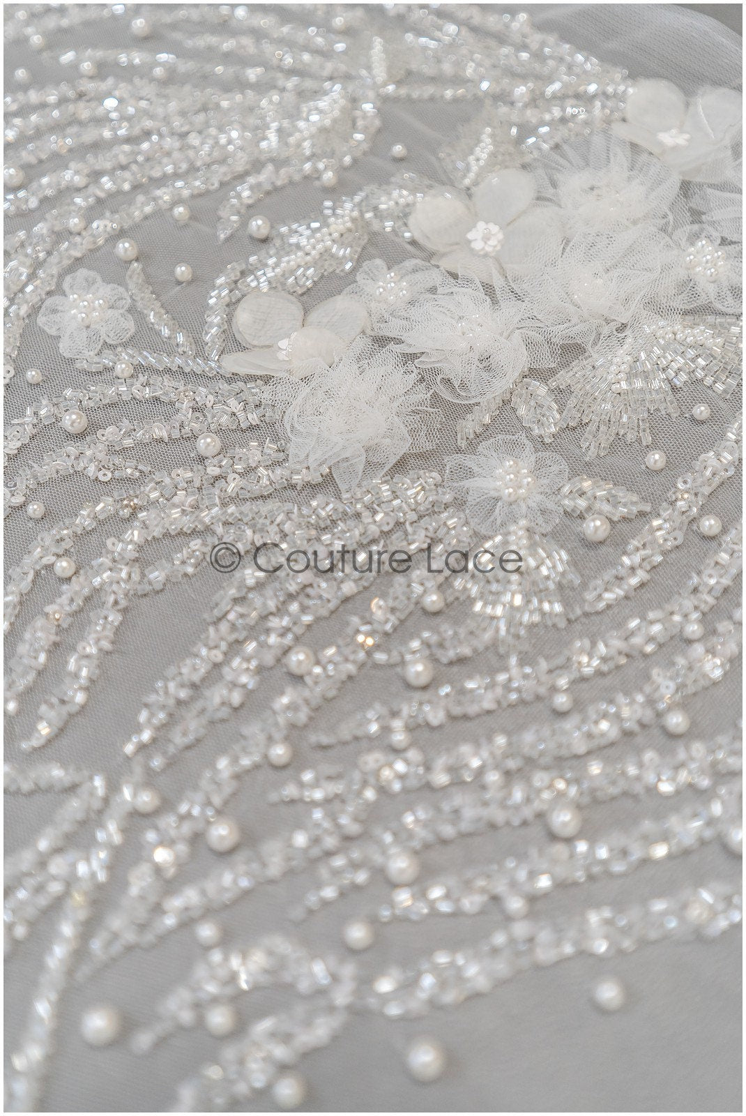 Hand beaded bridal lace/ 3D flower lace fabric/ beaded wedding dress lace/ designer couture lace/ handmade lace// L21-185