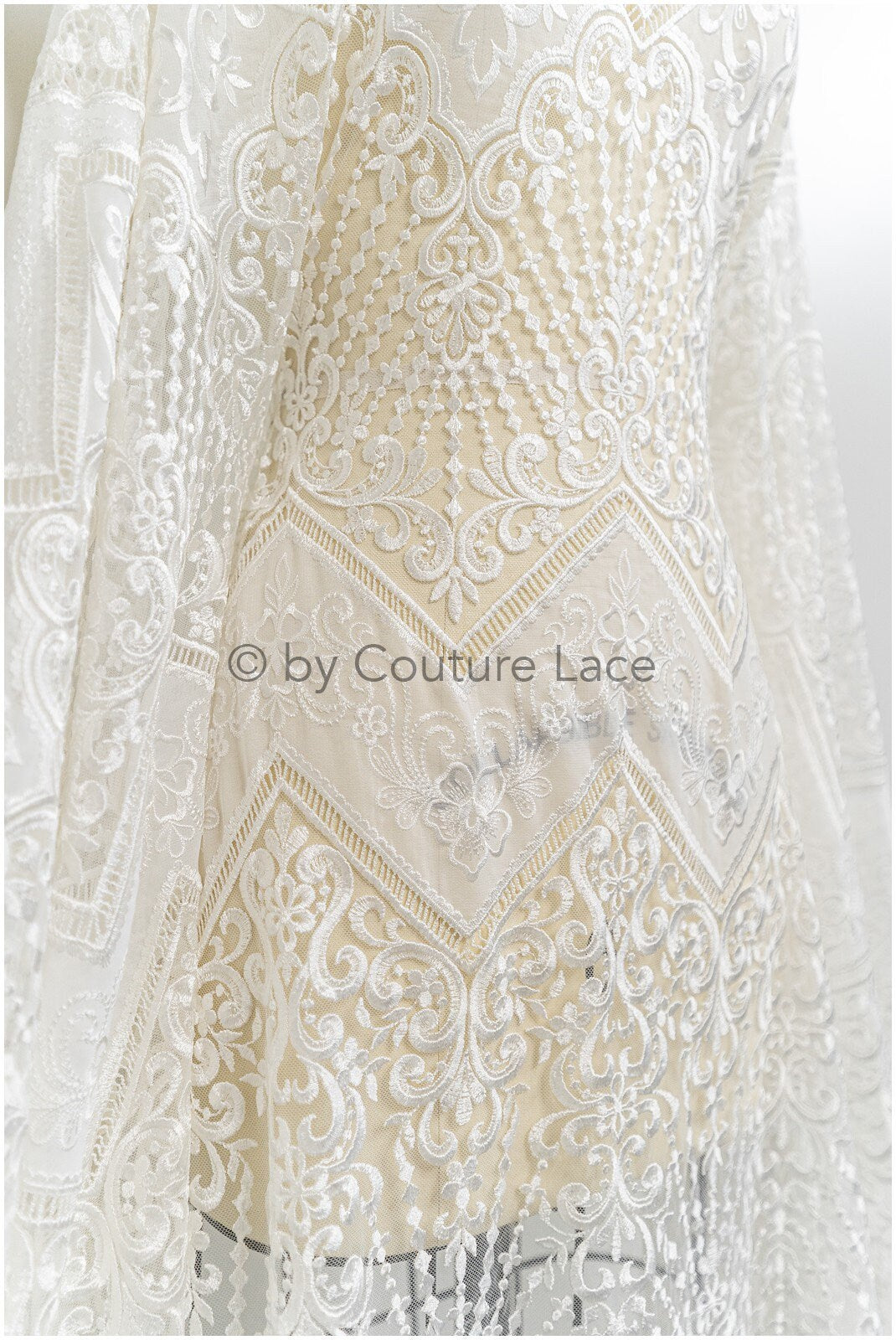 Luxury lace fabric off-white/ French bridal lace/ modern embellished lace fabric/ couture bridal lace fabric/ boho lace fabric// L21-365