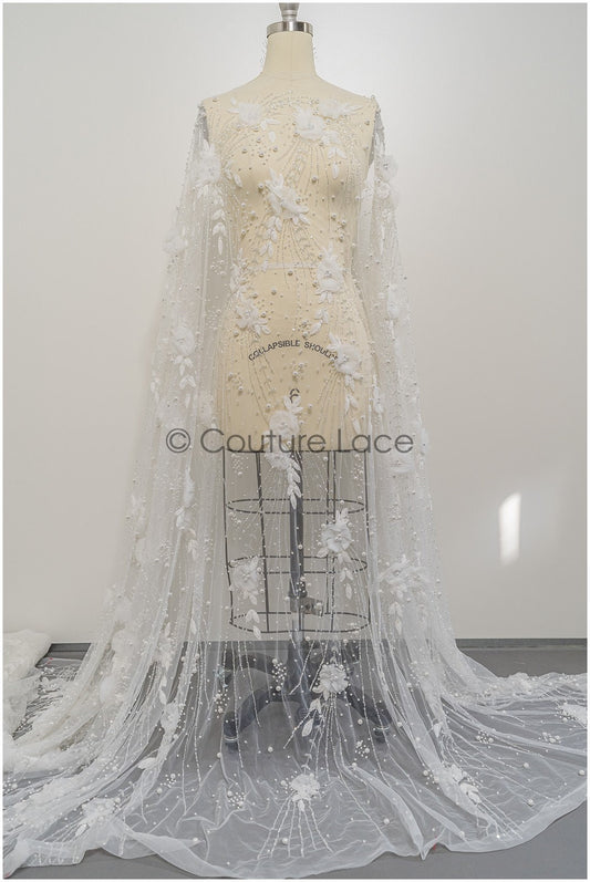 Handgefertigte Brautspitze Off-White/ 3D Blumen Spitzenstoff/ Perlen Spitze/ Designer Couture Spitze/ Braut Spitze// L21-015N