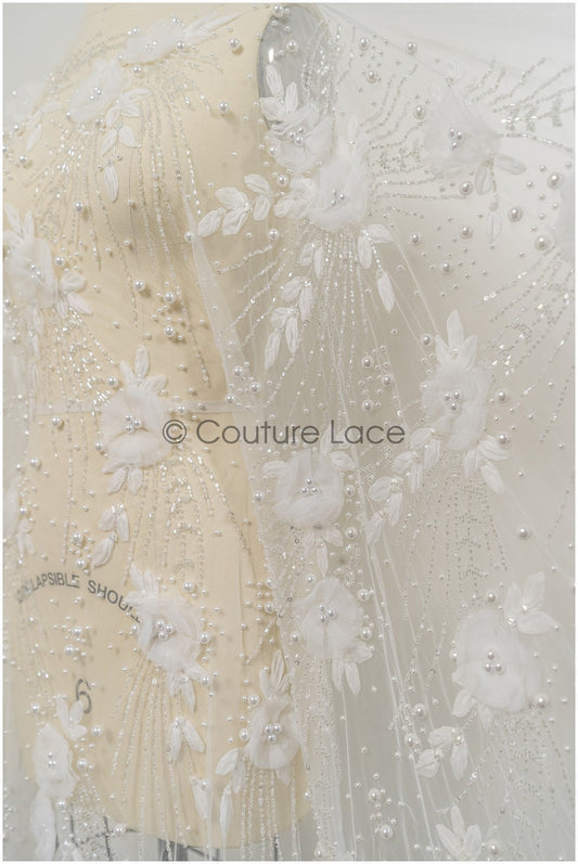Handgefertigte Brautspitze Off-White/ 3D Blumen Spitzenstoff/ Perlen Spitze/ Designer Couture Spitze/ Braut Spitze// L21-015N