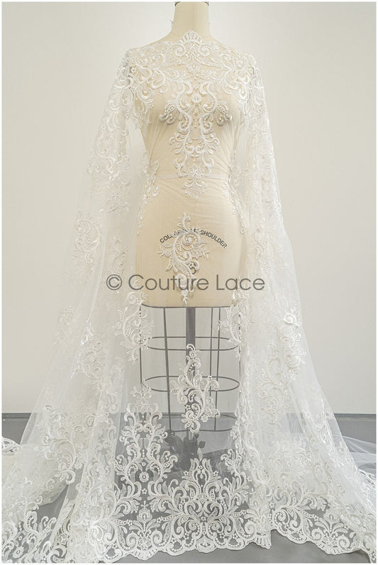 Schwerer bestickter Spitzenstoff/ Brautspitze Off-White/ verschnörkelte Spitze/ Hochzeitskleid Spitze/ Hochzeitsspitze// L21-169B