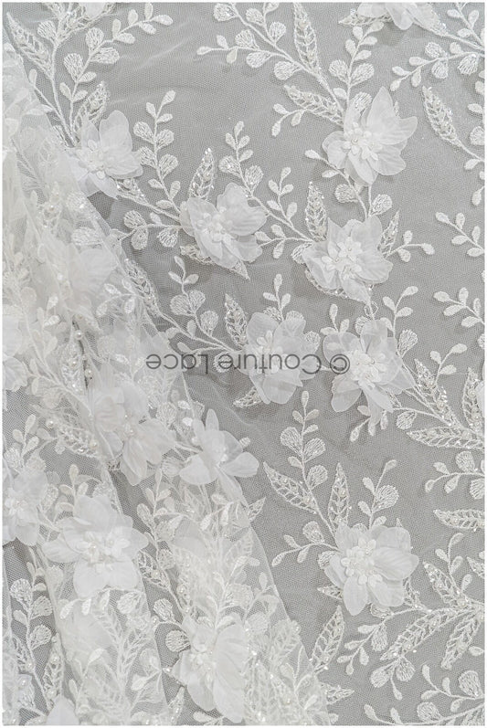 3D Blumen Spitzenstoff Off-White/ Braut Spitzenstoff/ romantischer Spitzenstoff mit 3D Blumen & Perlen/ Hochzeit Spitzenstoff// L21-140N