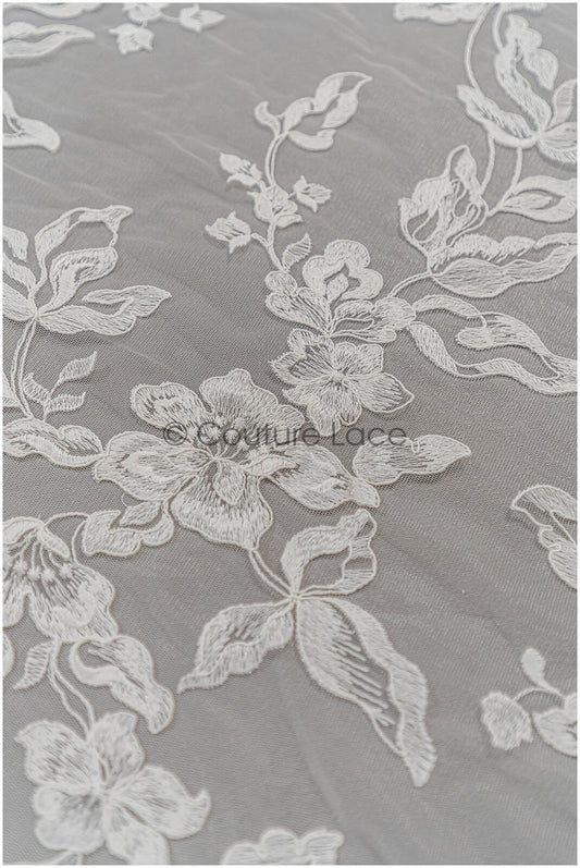 Floral leaf lace fabric/ embroidered floral lace off-white/ wedding dress lace/ soft floral lace fabric/ bridal lace// L21-046N