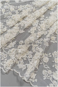 Perlen Braut Spitze mit 3D Blumen/ Couture Spitzenstoff Off-White/ Brautspitze für Brautkleid// L21-041N