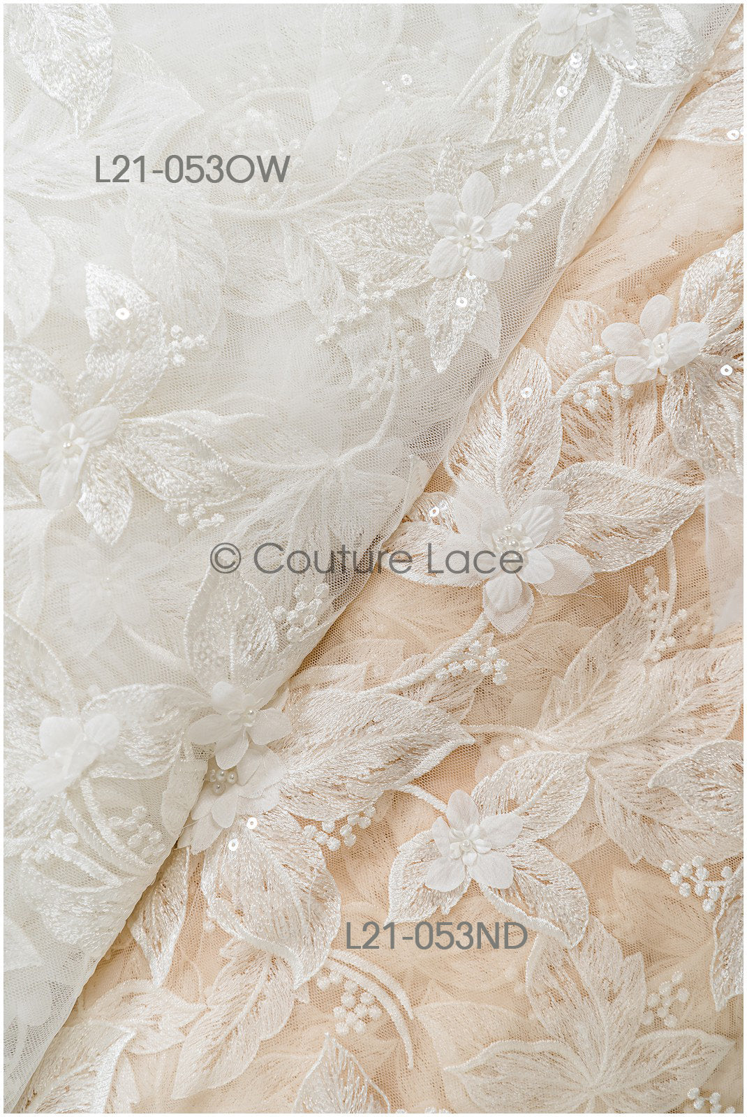 Nude Perlen Brautspitze mit 3D Blumen/ Braut Spitzenstoff Off-White/ Couture Spitze/ Haute Couture Spitze// L21-053ND