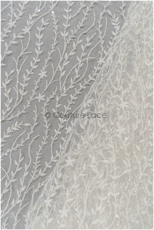 Perlen Spitzenstoff Off-White Silber/ Brautspitze mit Perlen/ Hochzeitskleid Spitze mit Perlen & Pailletten/ Perlenblütenspitze/ glänzende Spitze// L21-301OS
