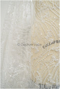 Perlen gestreifter gewellter Spitzenstoff/ Brautspitze Off-White/ Hochzeitskleid Spitze mit Perlen & Pailletten/ Braut Spitzenstoff// L19-309