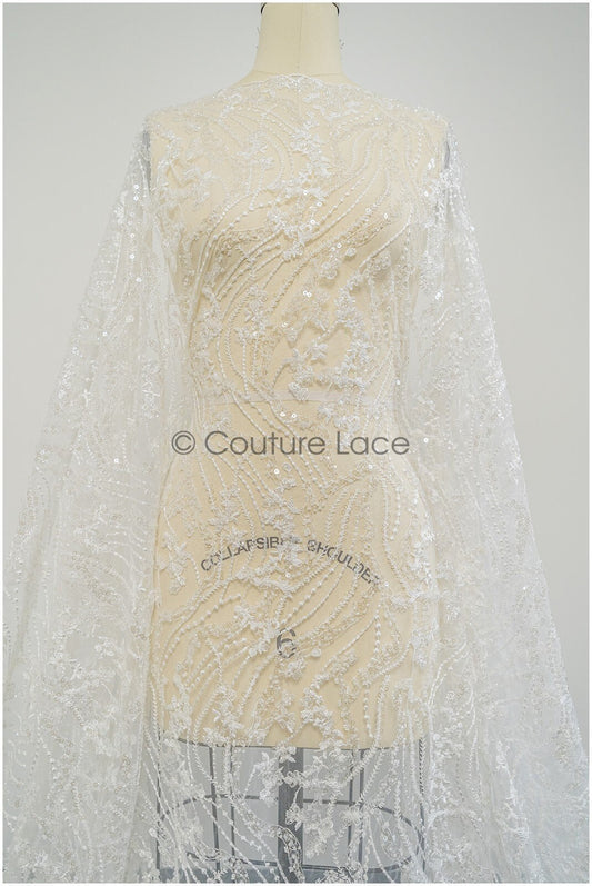 Perlen gestreifter gewellter Spitzenstoff/ Brautspitze Off-White/ Hochzeitskleid Spitze mit Perlen & Pailletten/ Braut Spitzenstoff// L19-309