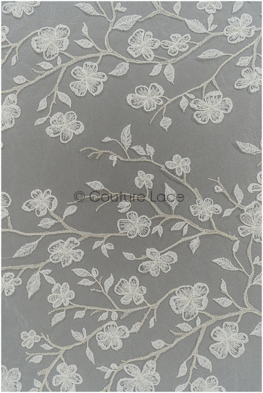 Blüten Spitzenstoff Off-White Silber/ Braut Spitzenstoff/ Blüten Brautspitze/ Brautblüten Spitze// L21-119S