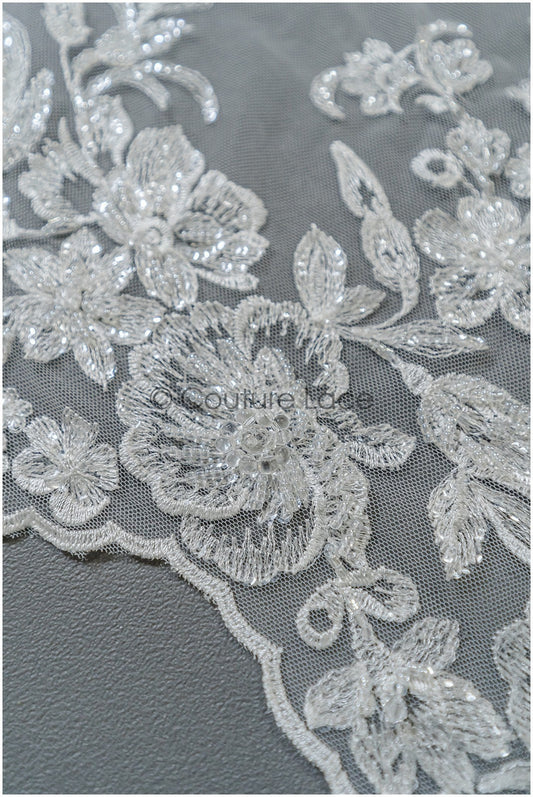 Perlen Spitzenstoff mit Blumenmuster/ Spitzenstoff mit Perlen und Pailletten/ handgemachte Spitze für Brautkleid// L21-092B