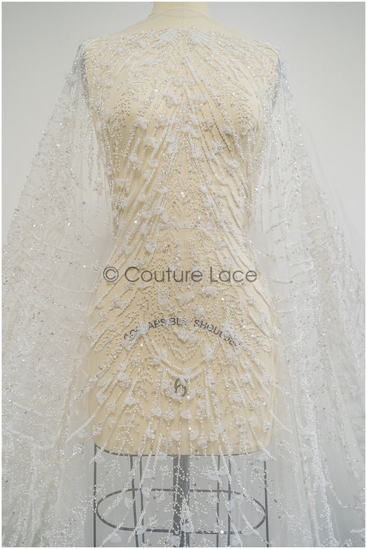 Handperlen Brautspitze Off-White/ Perlen Braut Spitze/ Couture Brautspitzenstoff mit Perlen/ Designer Couture Spitze// L21-191