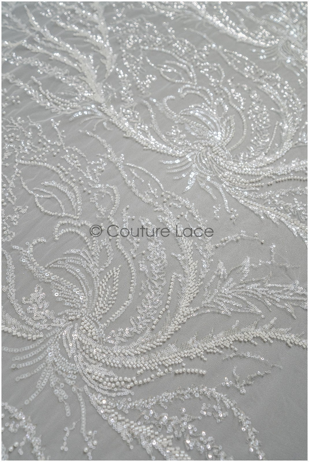 Schwerer Perlen Spitzenstoff mit Streifen/ Brautspitzenstoff Off-White/ Brautspitze mit Perlen & Pailletten/ perlengeflochtene Brautspitze// L21-181B