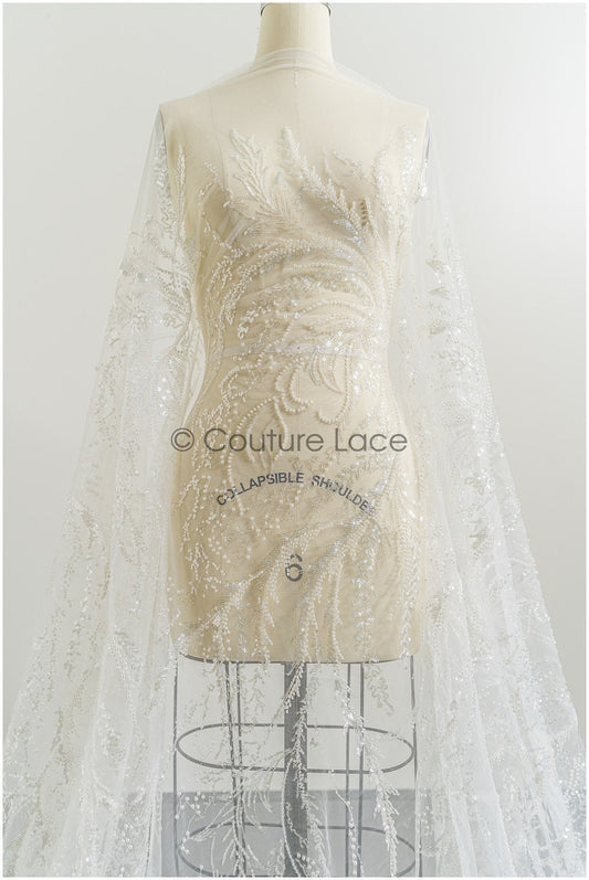 Schwerer Perlen Spitzenstoff mit Streifen/ Brautspitzenstoff Off-White/ Brautspitze mit Perlen & Pailletten/ perlengeflochtene Brautspitze// L21-181B