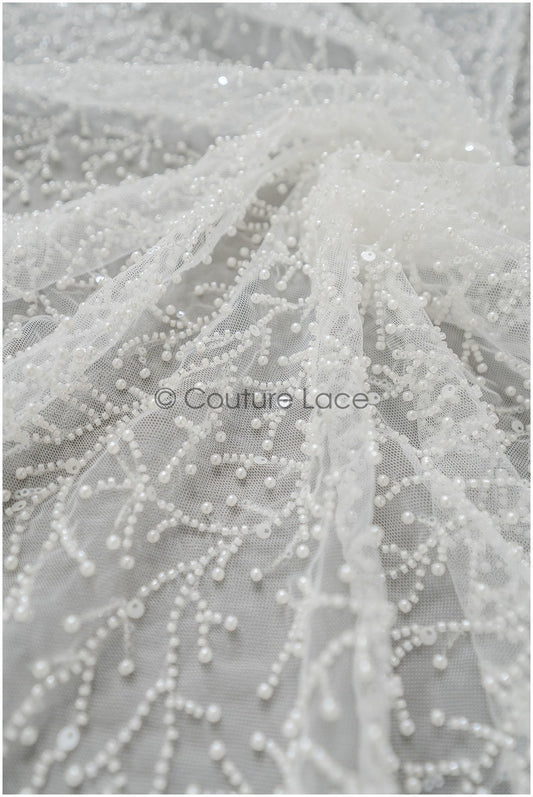 Perlen Spitzenstoff Off-White/ Couture Spitze Stoff/ Brautspitze mit Perlen/ Perlenspitze// L21-136