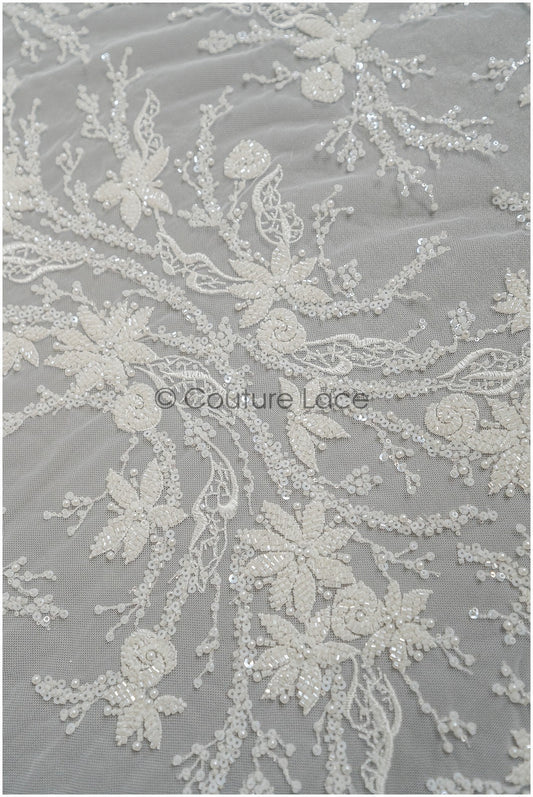 Perlen Spitzenstoff Off-white/ Couture Spitze Stoff/ Brautspitze Stoff mit Perlen/ Perlen Spitze// L21-193B