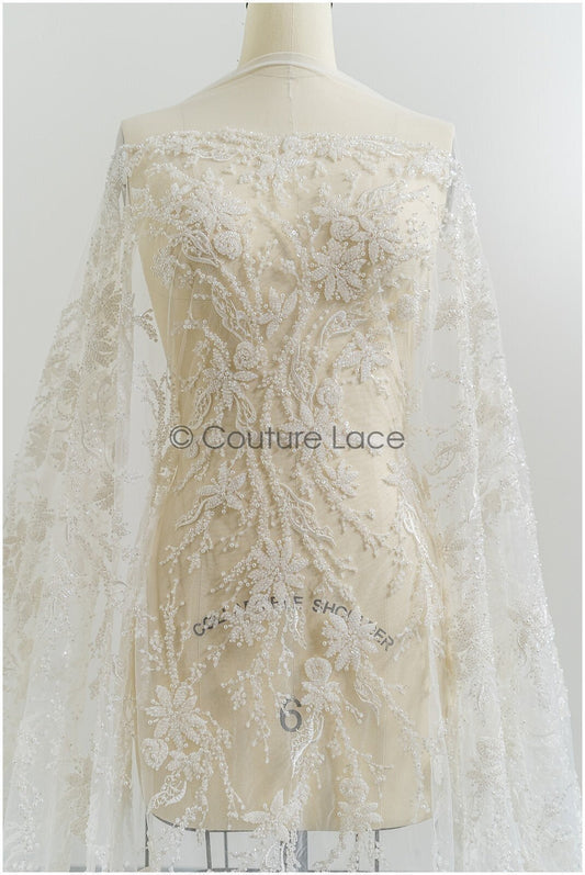 Perlen Spitzenstoff Off-white/ Couture Spitze Stoff/ Brautspitze Stoff mit Perlen/ Perlen Spitze// L21-193B