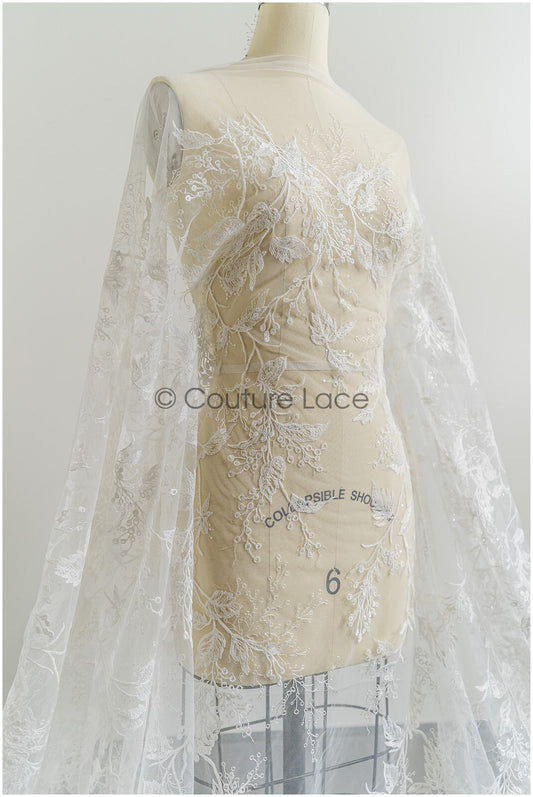 Romantischer floraler Spitzenstoff/ Braut Spitzenstoff Off-White/ Hochzeit Spitze mit Pailletten// L21-082B