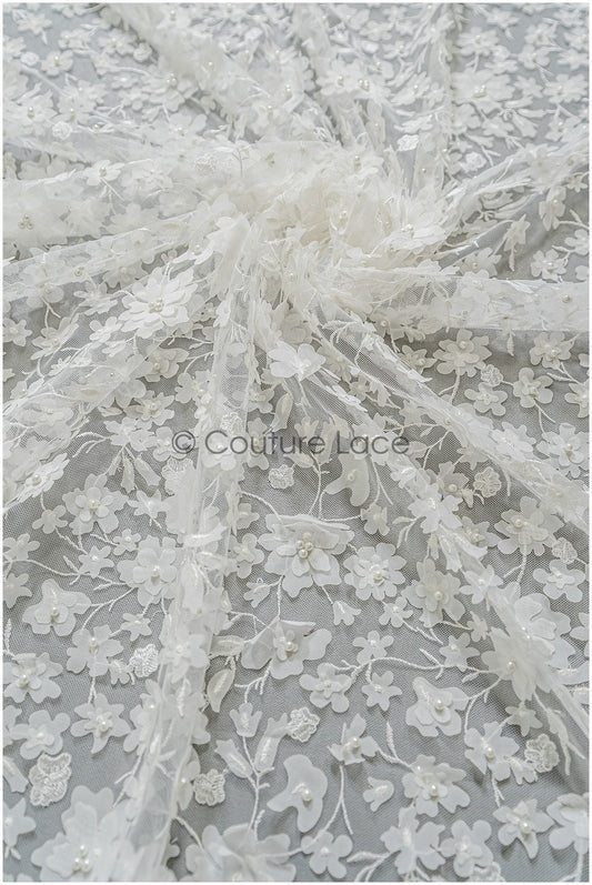 3D Blumen Brautspitzenstoff Off-White/ Braut Spitze Stoff mit Perlen/ Braut Spitzenstoff// L22-039
