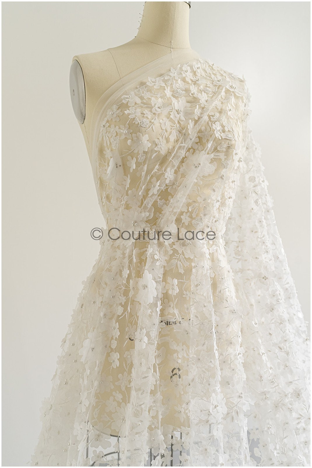3D Blumen Brautspitzenstoff Off-White/ Braut Spitze Stoff mit Perlen/ Braut Spitzenstoff// L22-039