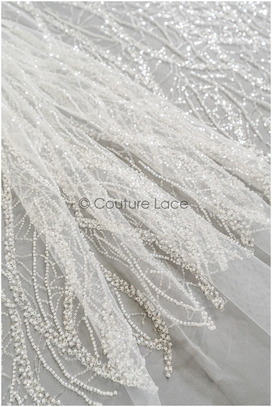 Perlengewellter Spitzenstoff Off-White/ Brautspitze mit Perlen/ Hochzeitskleid Spitze mit Perlen & Pailletten/ Braut Spitzenstoff// L22-279B