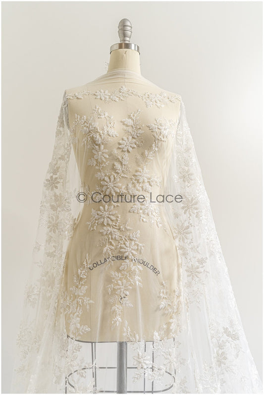 Schwerer Perlen Spitzenstoff Off-White/ Brautspitze mit Perlen & Pailletten/ Braut Spitze Stoff// L22-284B