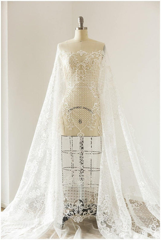 Kunstvolle Muster Spitze Stoff, moderne Brautkleid Spitze, Pailletten Spitze für Brautkleider, Spitzenstoff mit funkeln Pailletten // L17-093