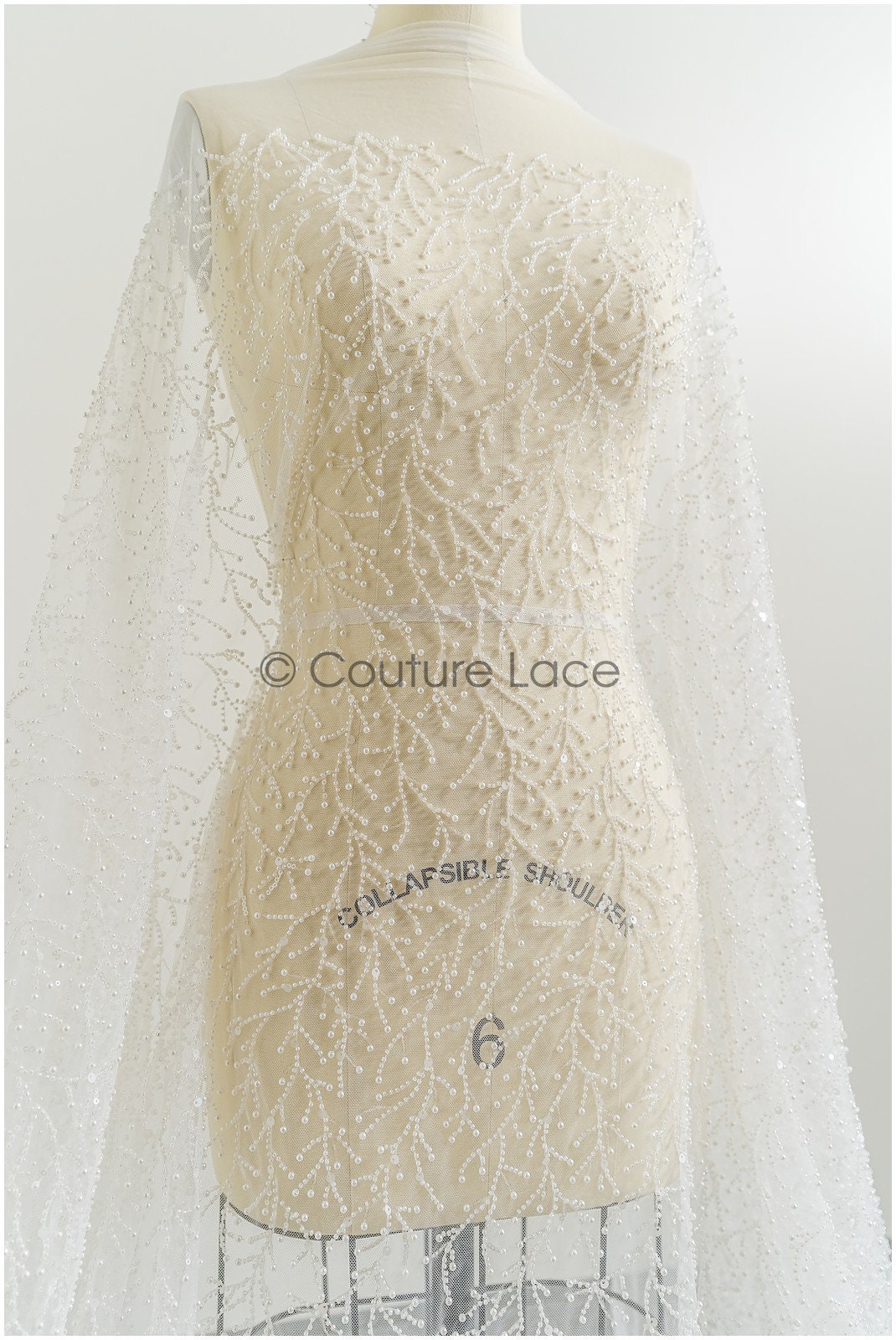 Perlen Spitzenstoff Off-White/ Couture Spitze Stoff/ Brautspitze mit Perlen/ Perlenspitze// L21-136