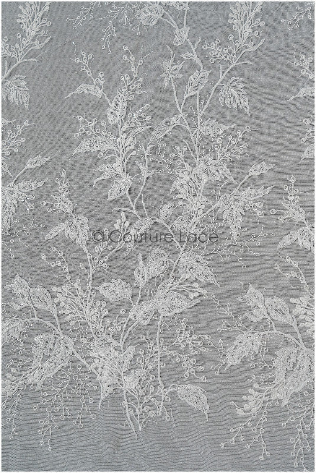 Romantischer floraler Spitzenstoff/ Braut Spitzenstoff Off-White/ Hochzeit Spitze mit Pailletten// L21-082B