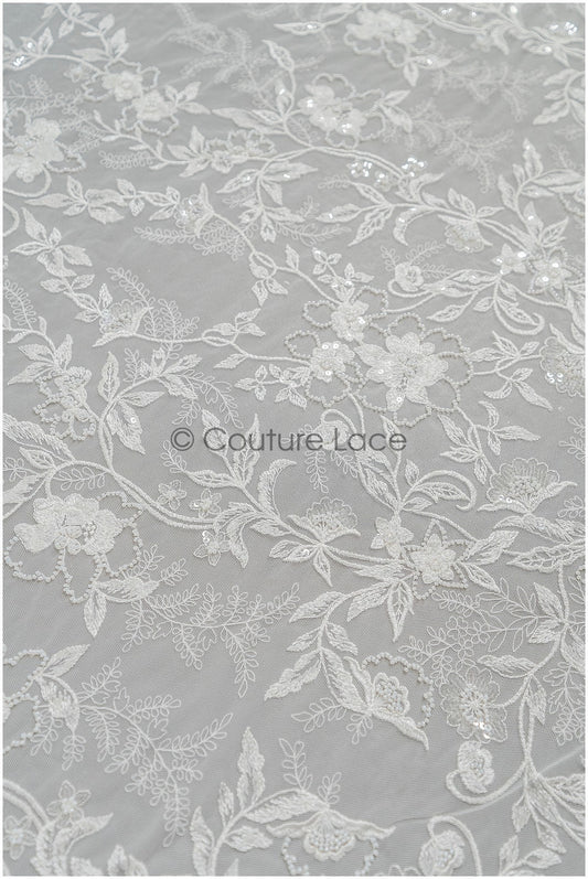 Weicher Perlen Spitzenstoff mit Blumen & Astmuster/ florale Brautspitze/ Couture Braut Spitzenstoff// L21-086B